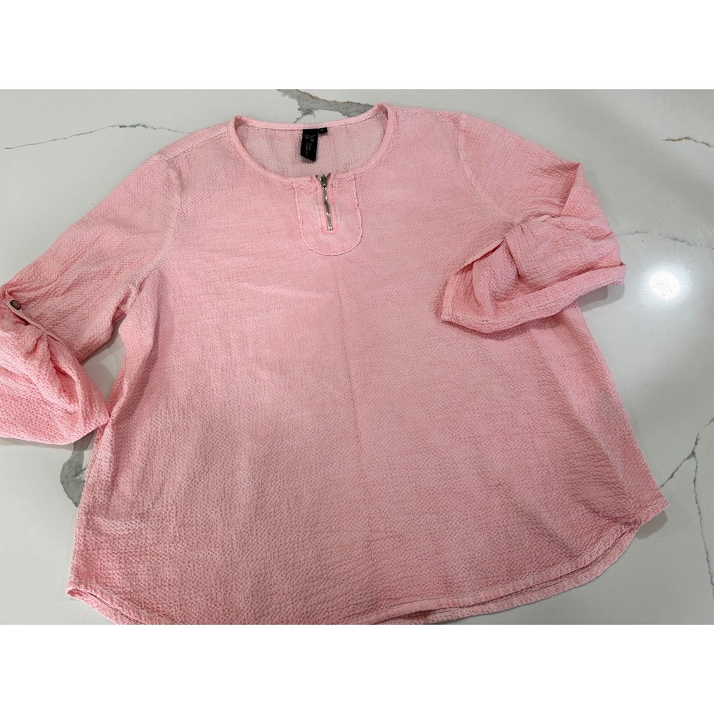 Focus Casual Life Pink 100% Cotton Zip Neck 3/4 Sleeve Blouse XLβ